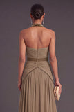 Sparkly Khaki Velvet Halter A-Line Ruched Maxi Wedding Guest Dress with Beading