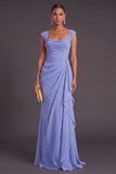 Blue Sheath Thick Straps Ruched Maxi Wedding Guest Dress with Ruffles