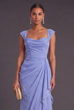 Blue Sheath Thick Straps Ruched Maxi Wedding Guest Dress with Ruffles