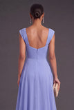 Blue Sheath Thick Straps Ruched Maxi Wedding Guest Dress with Ruffles