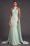 Mint Green Mermaid Halter Ruched Maxi Wedding Guest Dress