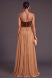 Khaki A-Line Spaghetti Straps Maxi Wedding Guest Dress with Beading