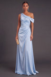 Sky Blue Satin One Shoulder Ruched Maxi Wedding Guest Dress