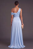 Sky Blue Satin One Shoulder Ruched Maxi Wedding Guest Dress