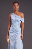 Sky Blue Satin One Shoulder Ruched Maxi Wedding Guest Dress