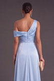 Sky Blue Satin One Shoulder Ruched Maxi Wedding Guest Dress