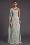 Mint Green Sheath One Shoulder Ruched Maxi Wedding Guest Dress with Cape