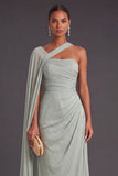 Mint Green Sheath One Shoulder Ruched Maxi Wedding Guest Dress with Cape