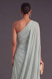 Mint Green Sheath One Shoulder Ruched Maxi Wedding Guest Dress with Cape