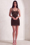 Sparkly Brown Bodycon Square Neck Fringed Short Cocktail Dress