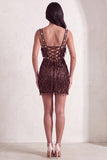 Sparkly Brown Bodycon Square Neck Fringed Short Cocktail Dress