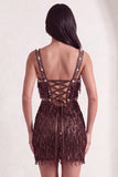 Sparkly Brown Bodycon Square Neck Fringed Short Cocktail Dress
