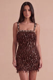 Sparkly Brown Bodycon Square Neck Fringed Short Cocktail Dress