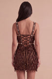 Sparkly Brown Bodycon Square Neck Fringed Short Cocktail Dress
