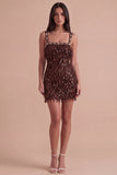 Sparkly Brown Bodycon Square Neck Fringed Short Cocktail Dress