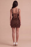 Sparkly Brown Bodycon Square Neck Fringed Short Cocktail Dress