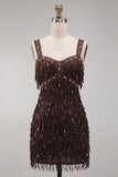 Sparkly Brown Bodycon Square Neck Fringed Short Cocktail Dress