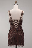 Sparkly Brown Bodycon Square Neck Fringed Short Cocktail Dress