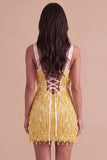 Sparkly Brown Bodycon Square Neck Fringed Short Cocktail Dress