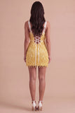 Sparkly Brown Bodycon Square Neck Fringed Short Cocktail Dress