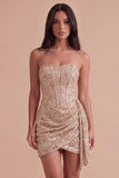Sparkly Bodycon Champagne Corset Strapless Ruched Short Cocktail Dress