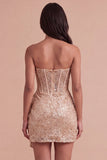 Sparkly Bodycon Champagne Corset Strapless Ruched Short Cocktail Dress