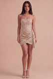 Sparkly Bodycon Champagne Corset Strapless Ruched Short Cocktail Dress