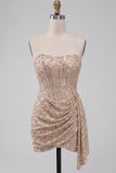Sparkly Bodycon Champagne Corset Strapless Ruched Short Cocktail Dress