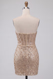 Sparkly Bodycon Champagne Corset Strapless Ruched Short Cocktail Dress