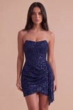 Sparkly Bodycon Champagne Corset Strapless Ruched Short Cocktail Dress