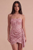 Sparkly Bodycon Champagne Corset Strapless Ruched Short Cocktail Dress