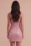 Sparkly Bodycon Champagne Corset Strapless Ruched Short Cocktail Dress