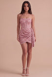 Sparkly Bodycon Champagne Corset Strapless Ruched Short Cocktail Dress