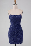 Navy Strapless Bodycon Sparkly Short Cocktail Dress