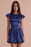 Sky Blue A Line Boat Neck Flutter Sleeves Mini Cocktail Dress