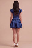 Sky Blue A Line Boat Neck Flutter Sleeves Mini Cocktail Dress