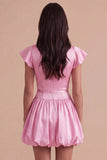 Sky Blue A Line Boat Neck Flutter Sleeves Mini Cocktail Dress