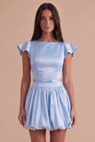 Sky Blue A Line Boat Neck Flutter Sleeves Mini Cocktail Dress