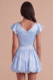 Sky Blue A Line Boat Neck Flutter Sleeves Mini Cocktail Dress