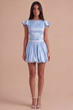 Sky Blue A Line Boat Neck Flutter Sleeves Mini Cocktail Dress