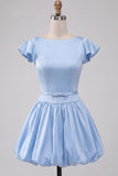 Sky Blue A Line Boat Neck Flutter Sleeves Mini Cocktail Dress