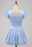 Sky Blue A Line Boat Neck Flutter Sleeves Mini Cocktail Dress
