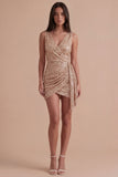 Sparkly Pink Sequined V Neck Ruched Short Cocktail Dress