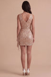 Sparkly Pink Sequined V Neck Ruched Short Cocktail Dress
