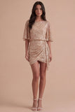 Sparkly Pink Sequined V Neck Ruched Short Cocktail Dress