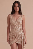 Sparkly Pink Sequined V Neck Ruched Short Cocktail Dress