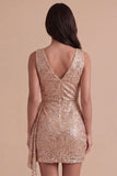 Sparkly Pink Sequined V Neck Ruched Short Cocktail Dress
