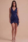 Sparkly Pink Sequined V Neck Ruched Short Cocktail Dress