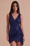 Sparkly Pink Sequined V Neck Ruched Short Cocktail Dress