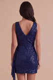 Sparkly Pink Sequined V Neck Ruched Short Cocktail Dress
